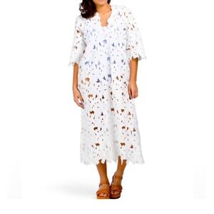 4our Dreamers White Floral Eyelet Lace Midi Dress Short Sleeve V-Neck Medium NEW